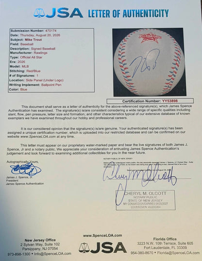 Mike Trout Autographed 2026 MLB All Star Game Baseball JSA LOA Angels