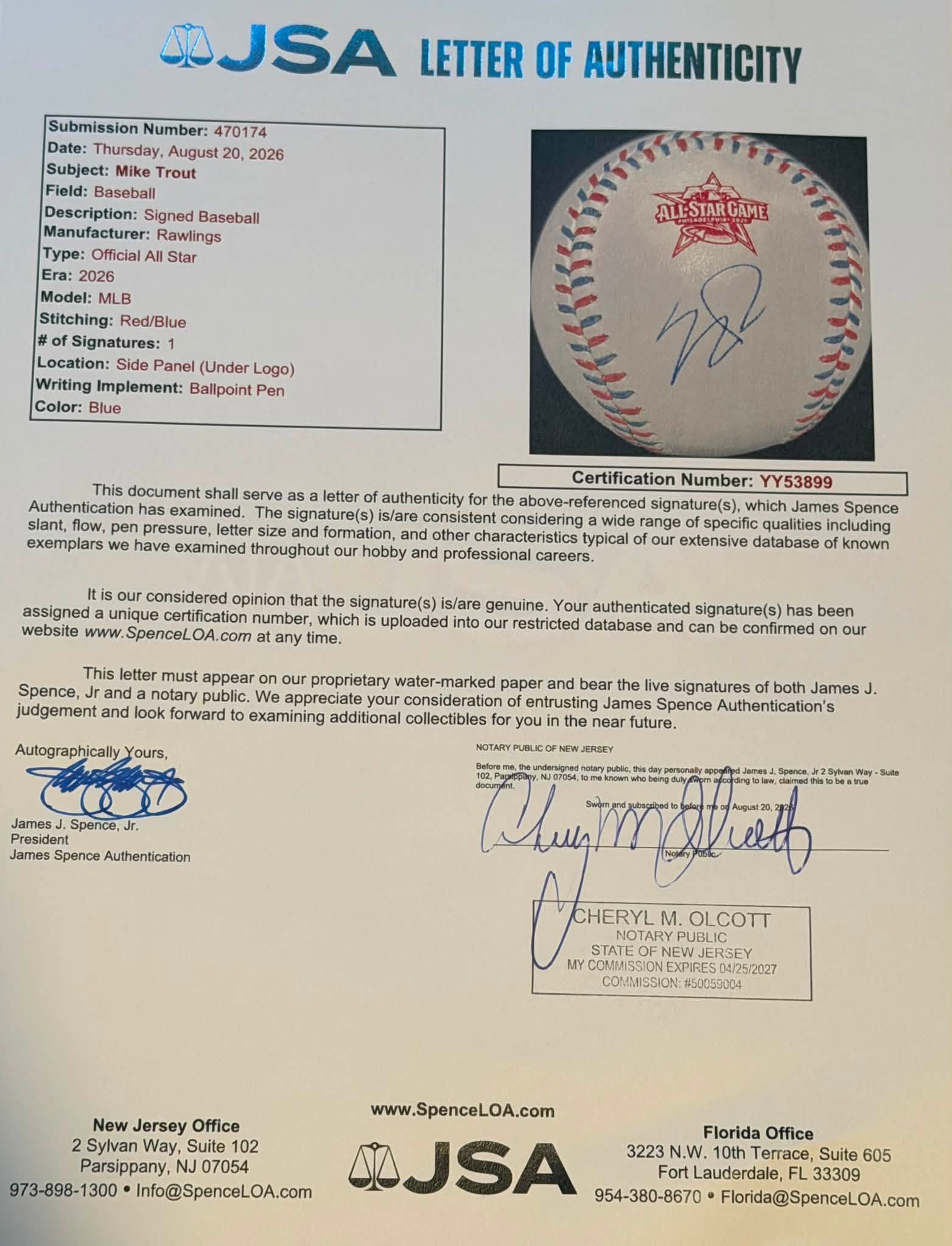 Mike Trout Autographed 2026 MLB All Star Game Baseball JSA LOA Angels