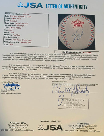 Mike Trout Autographed 2026 MLB All Star Game Baseball JSA LOA Angels