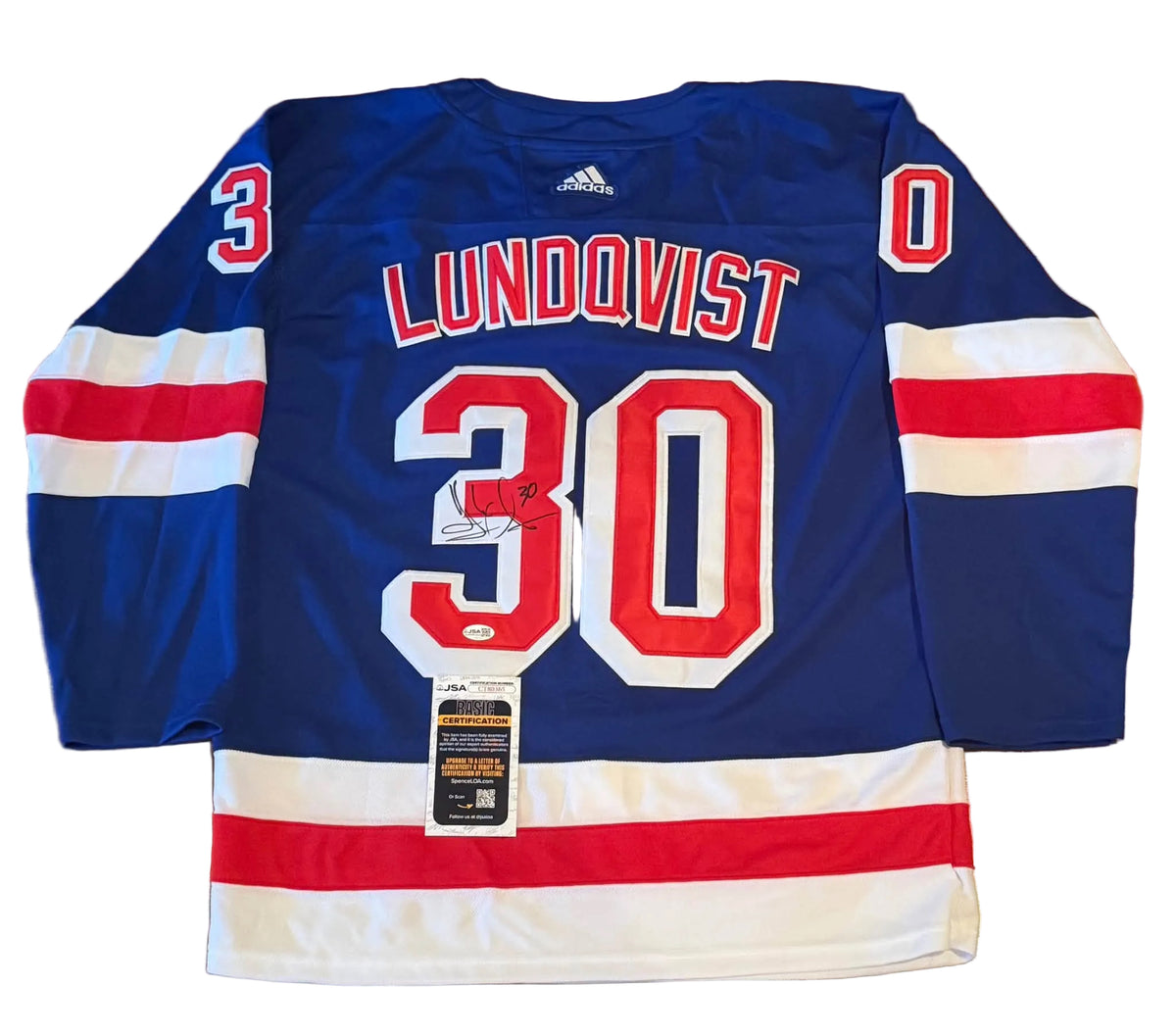 Henrik Lundqvist Signed Autographed New York Rangers Jersey JSA COA