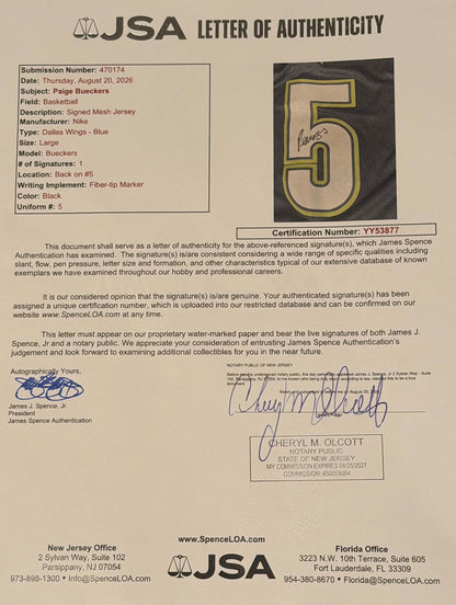 Paige Bueckers Signed Autographed Dallas Wings Jersey JSA LOA