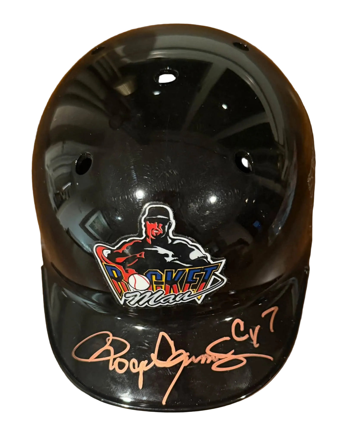 Roger Clemens Autographed & Inscribed Rocket Man Stat Mini Helmet JSA COA