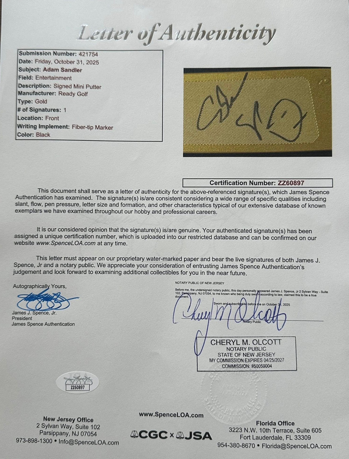 Adam Sandler Signed Autographed Happy Gilmore Golf Hockey Stick Putter JSA COA-Right Off The Field