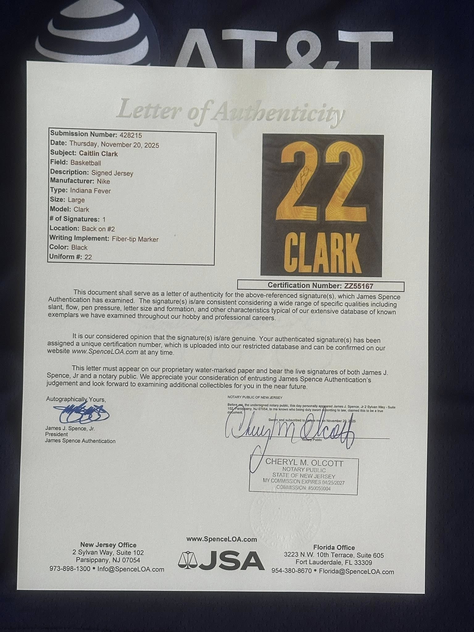 Caitlin Clark Autographed Indiana Fever Jersey JSA LOA-Right Off The Field