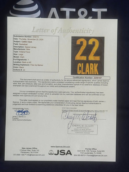 Caitlin Clark Autographed Indiana Fever Jersey JSA LOA-Right Off The Field