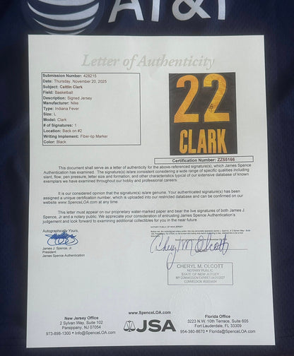 Caitlin Clark Autographed Indiana Fever Jersey JSA LOA-Right Off The Field