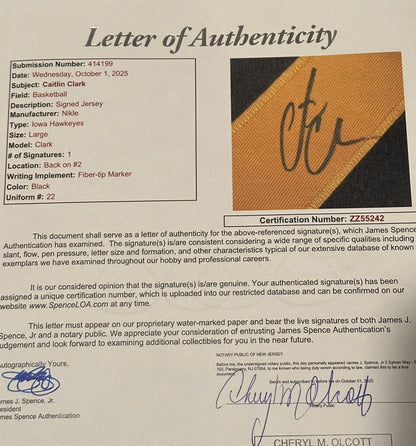 Caitlin Clark Autographed Iowa Hawkeyes Jersey JSA LOA-Right Off The Field