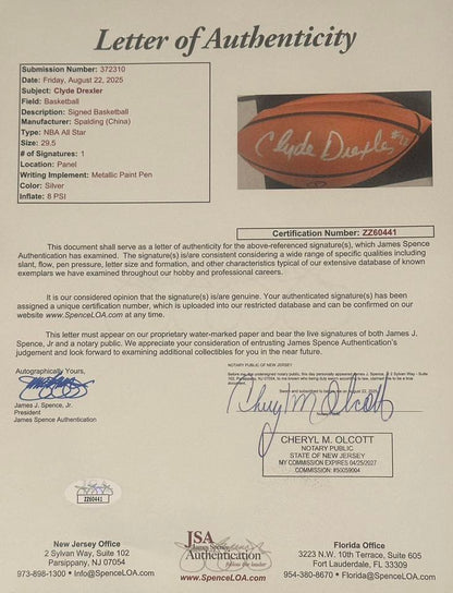Clyde Drexler Autographed Spalding Basketball JSA LOA Portland Trail-Blazers-Right Off The Field