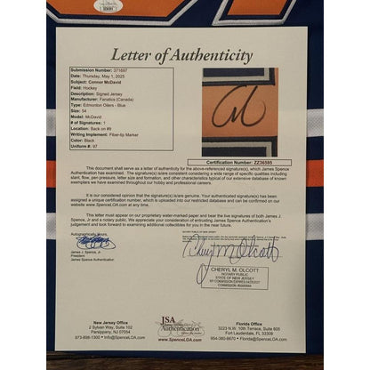 Connor McDavid Autographed Edmonton Oilers Jersey JSA LOA-Right Off The Field