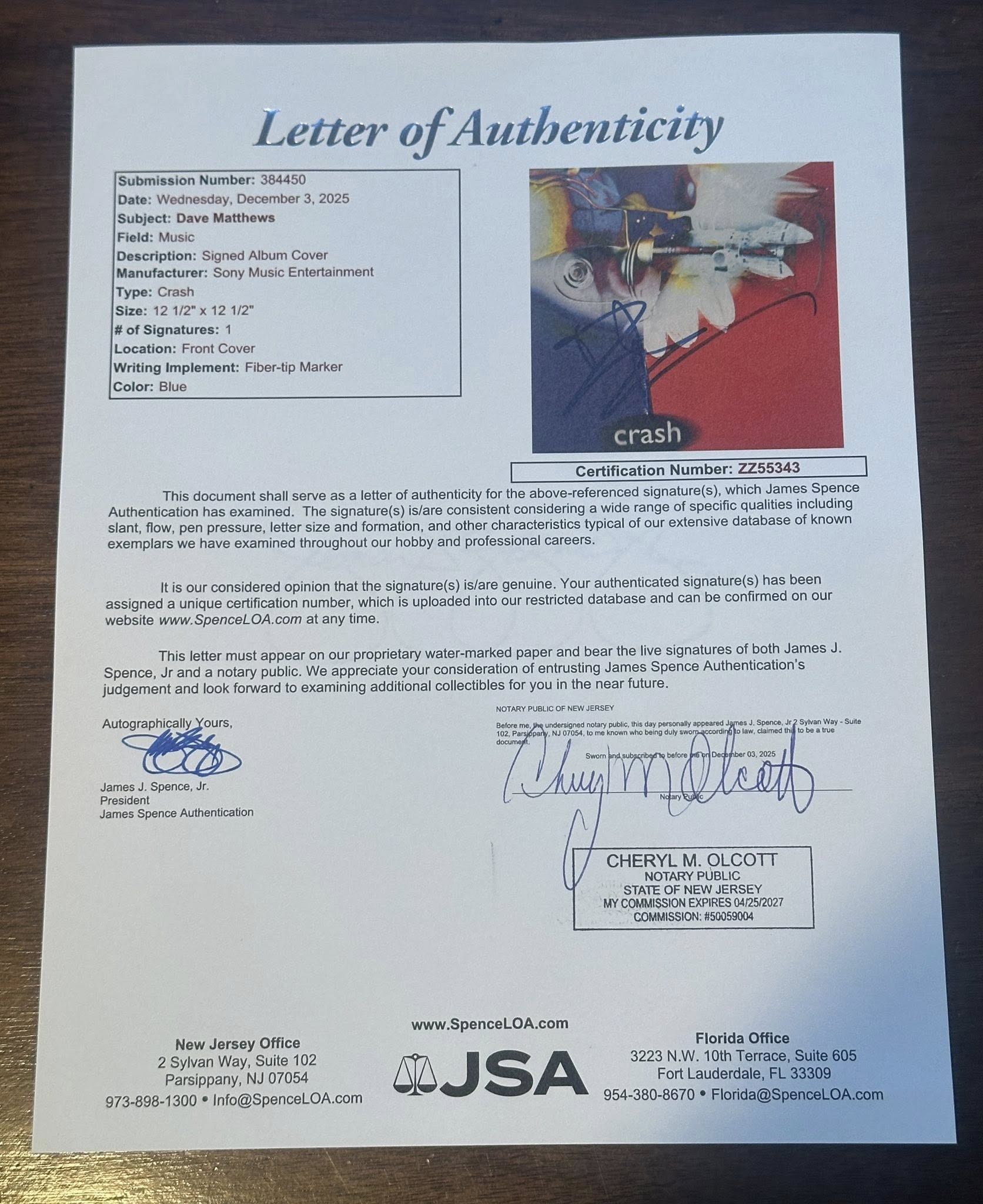 Dave Matthews Autographed Crash LP Vinyl JSA LOA Dave Matthews Band-Right Off The Field