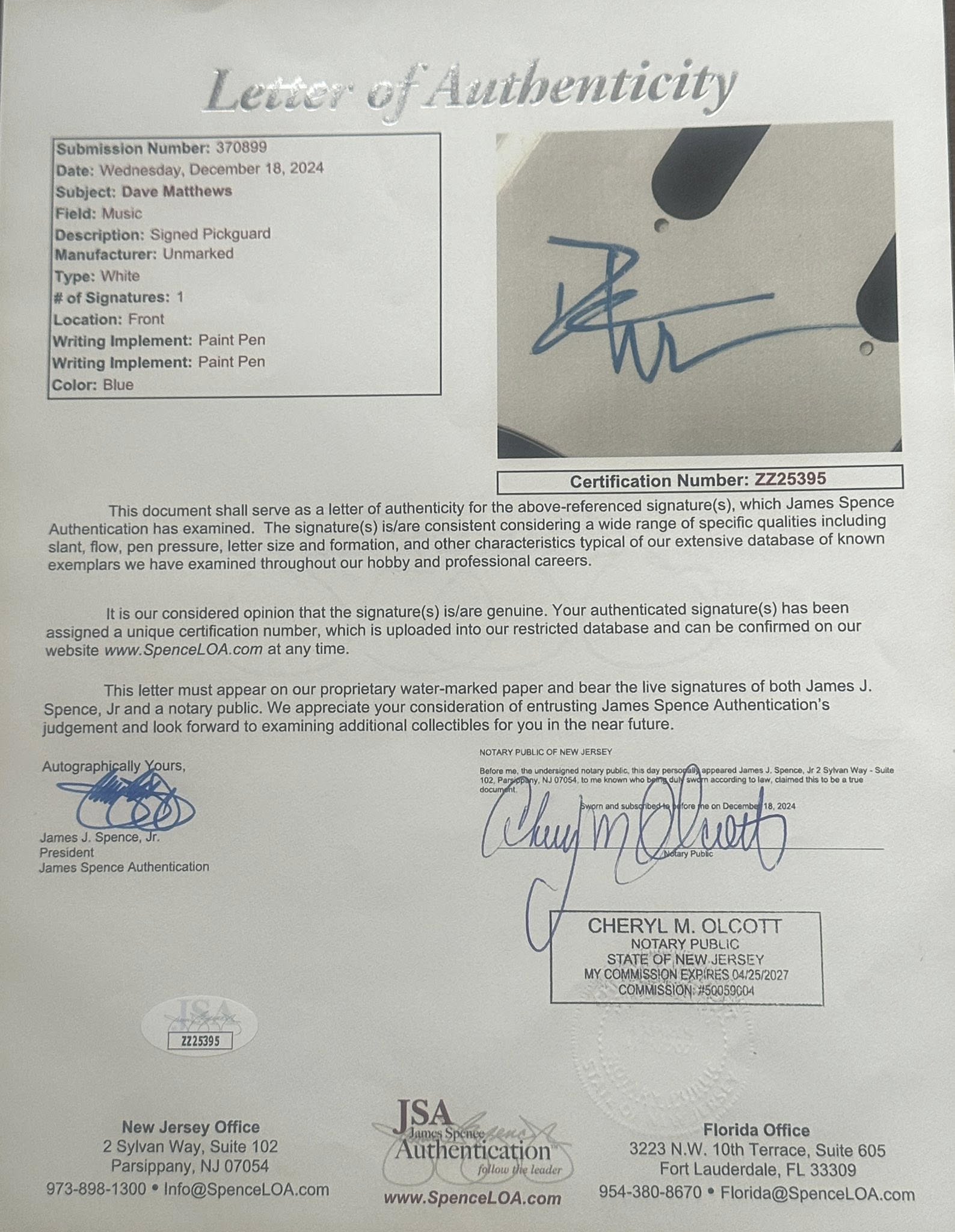 Dave Matthews DMB Autographed Guitar Pick Guard JSA LOA Read Description-Right Off The Field