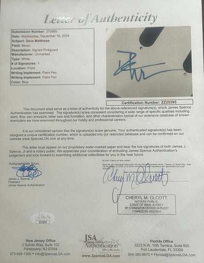 Dave Matthews DMB Autographed Guitar Pick Guard JSA LOA Read Description-Right Off The Field