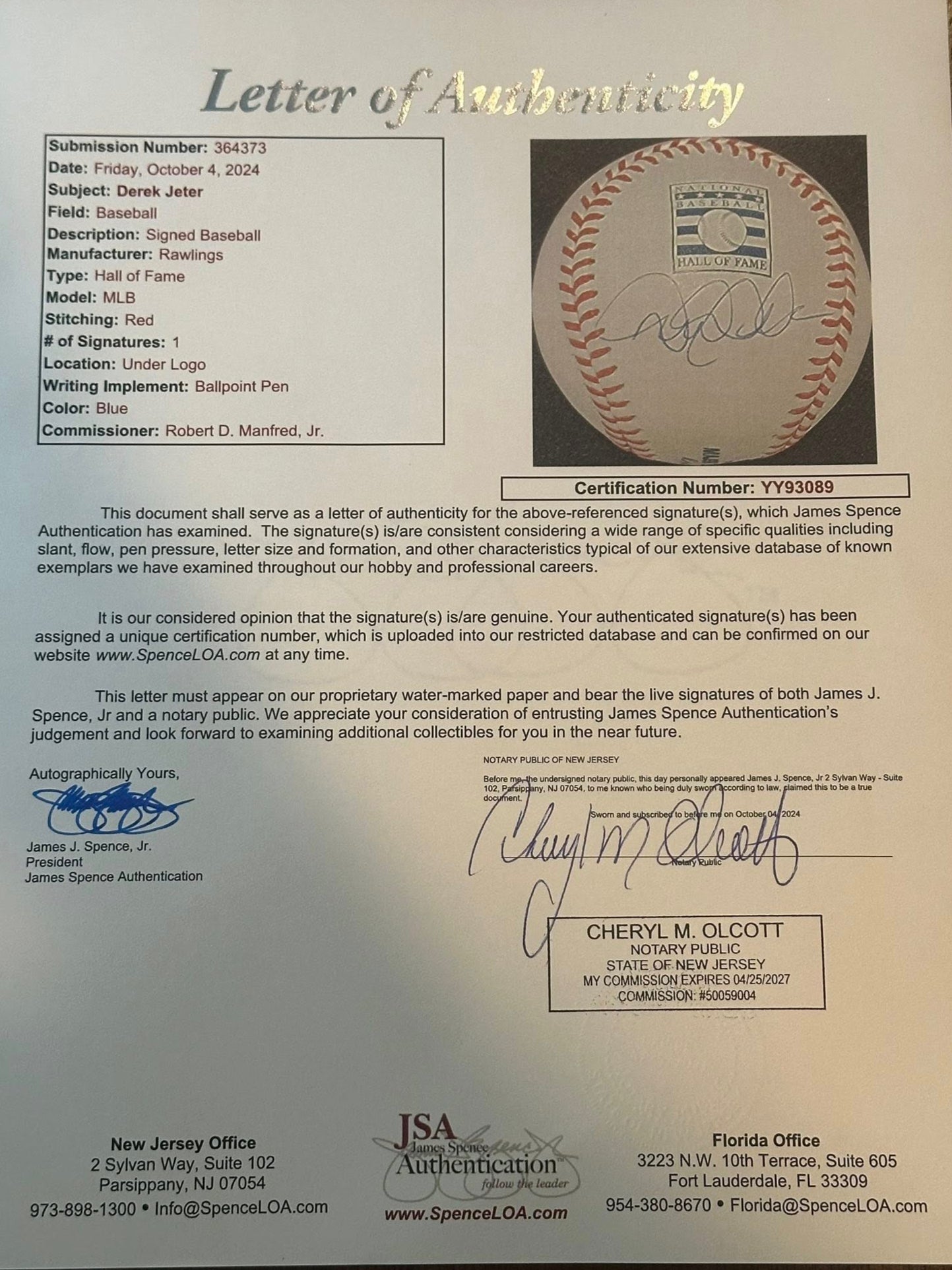 Derek Jeter Autographed Hall of Fame MLB Baseball JSA LOA New York Yankees-Right Off The Field