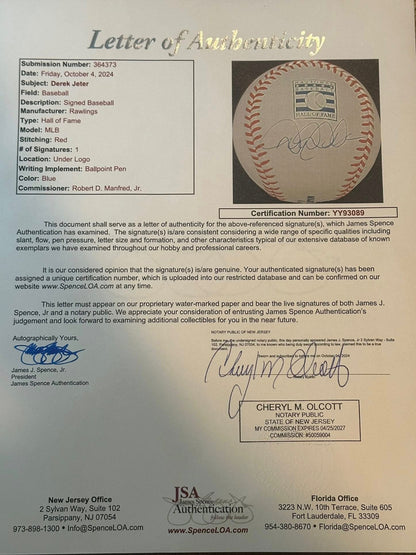 Derek Jeter Autographed Hall of Fame MLB Baseball JSA LOA New York Yankees-Right Off The Field