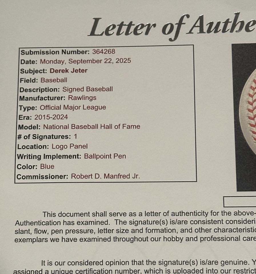 Derek Jeter Autographed Hall of Fame MLB Baseball JSA LOA New York Yankees-Right Off The Field
