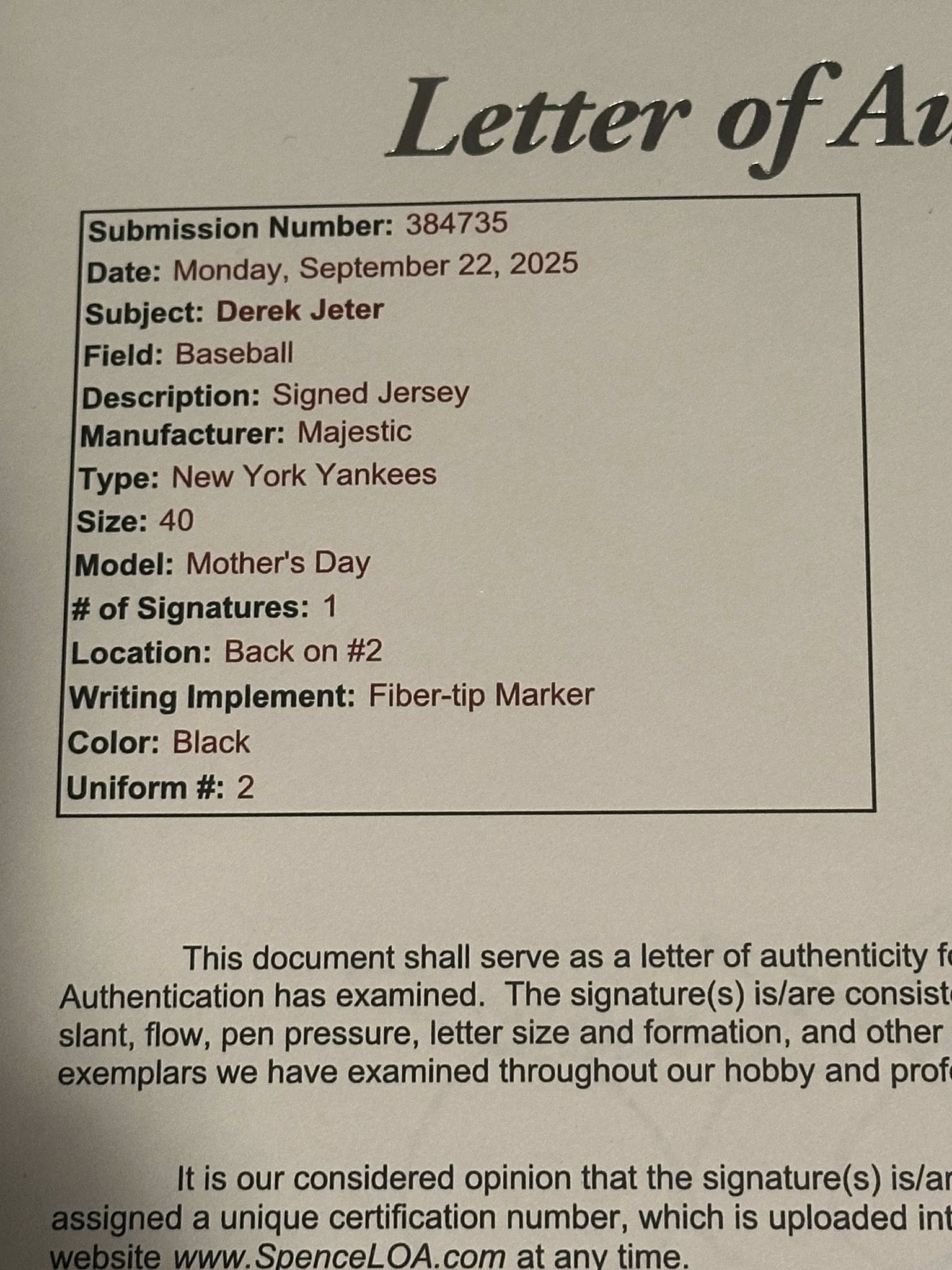 Derek Jeter Autographed New York Yankees Mother's Day Jersey JSA LOA-Right Off The Field