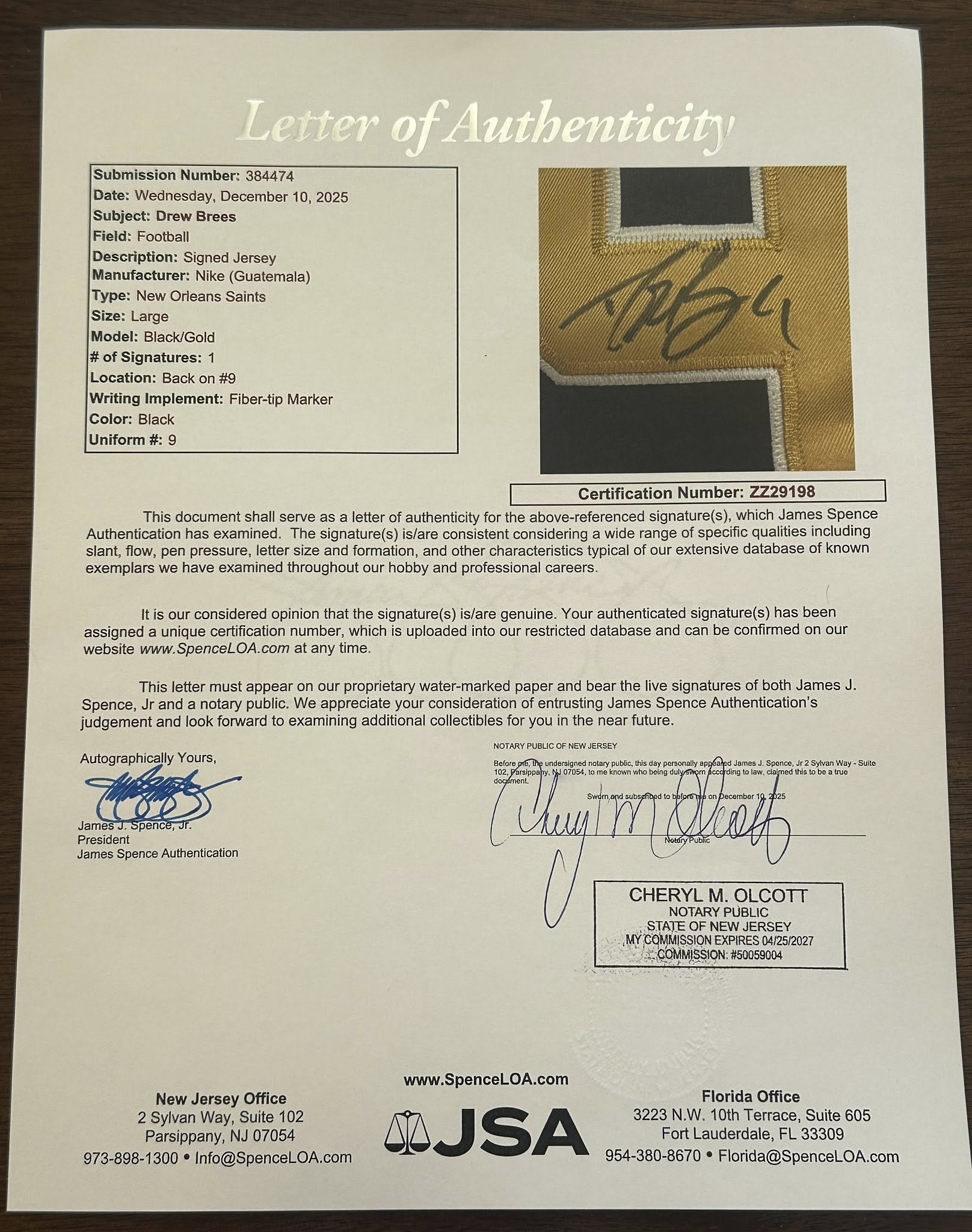 Drew Brees Signed Autographed New Orleans Saints Jersey JSA LOA-Right Off The Field