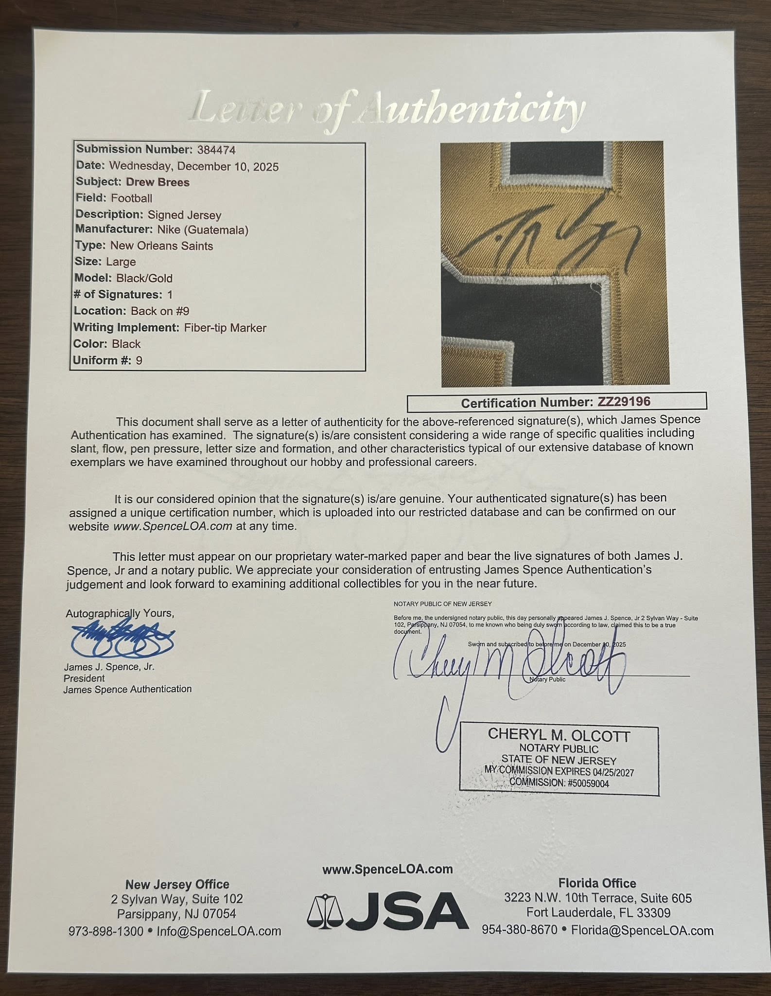 Drew Brees Signed Autographed New Orleans Saints Jersey JSA LOA-Right Off The Field