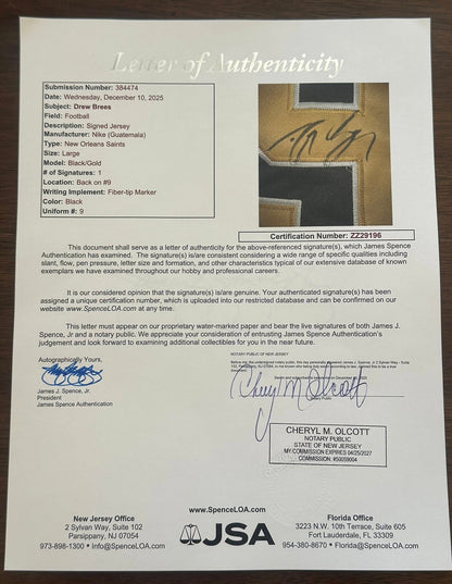 Drew Brees Signed Autographed New Orleans Saints Jersey JSA LOA-Right Off The Field