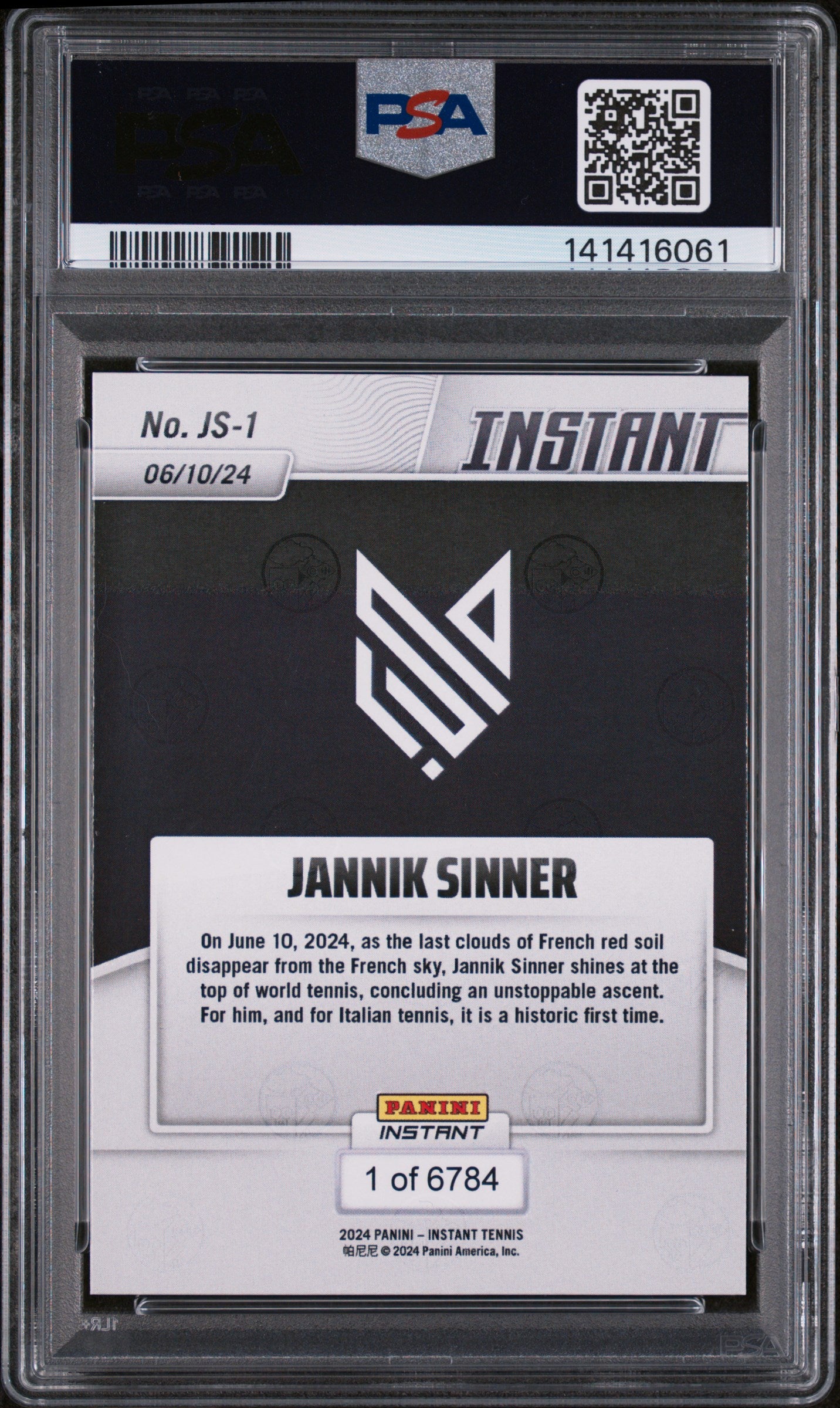 Jannik Sinner Autographed 2024 Panini Instant #JS1 NM 7-Right Off The Field