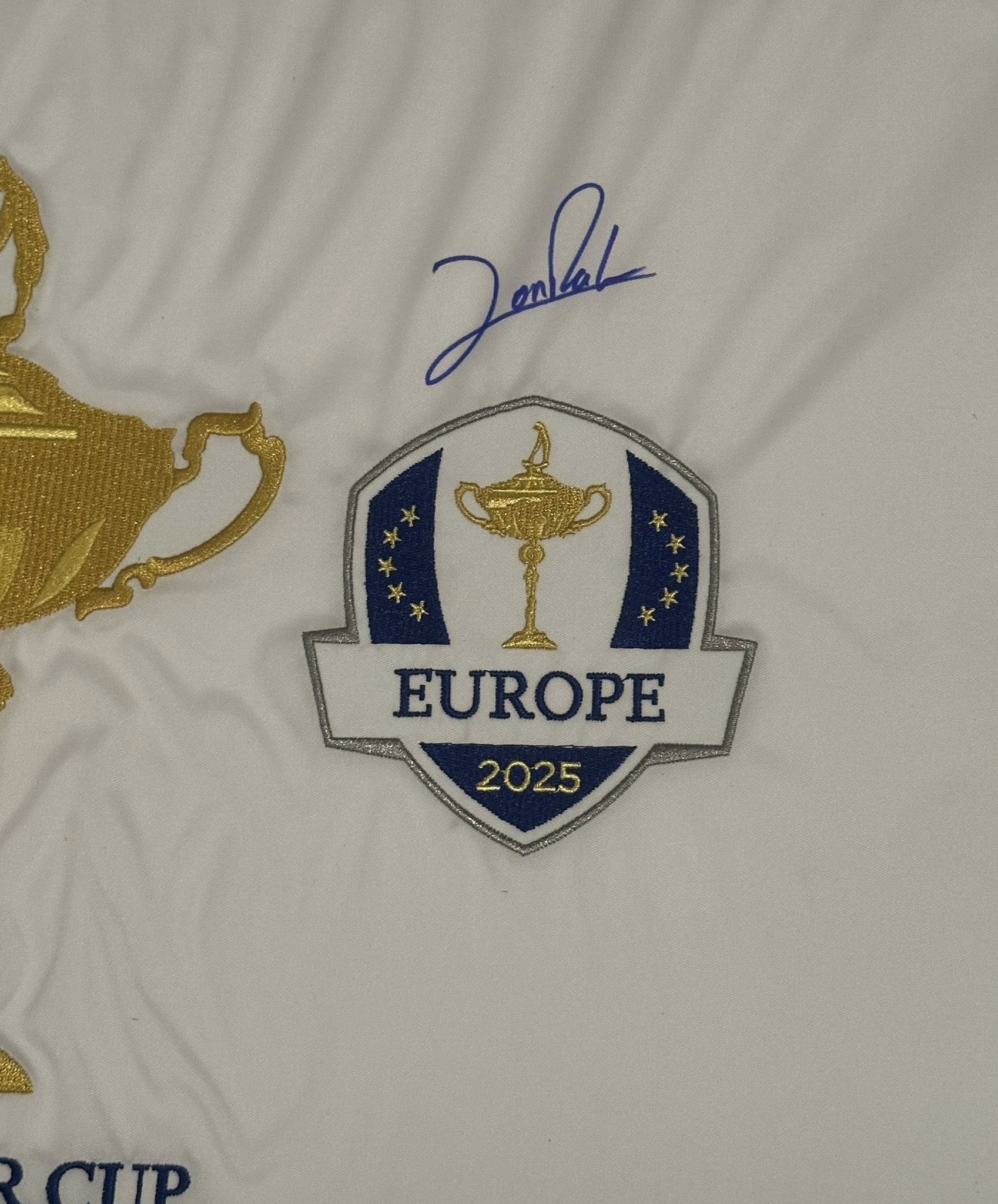 Jon Rahm Autographed 2025 Ryder Cup Pin Flag Team Europe JSA COA-Right Off The Field
