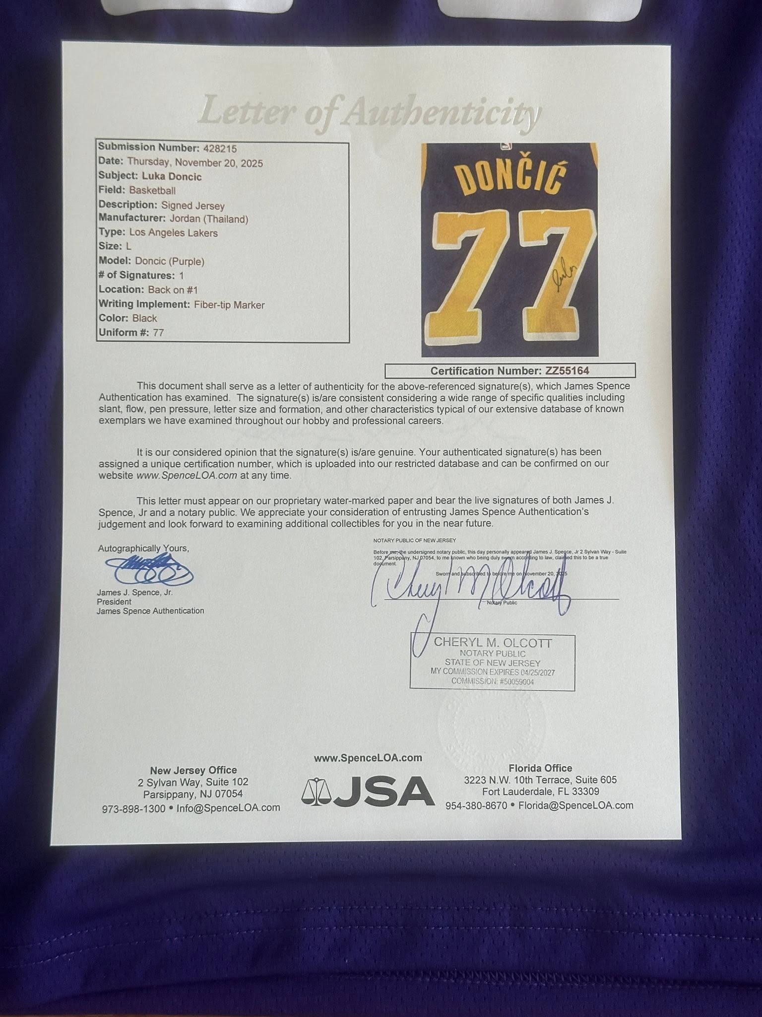 Luka Doncic Autographed Los Angeles Lakers Jersey JSA LOA-Right Off The Field