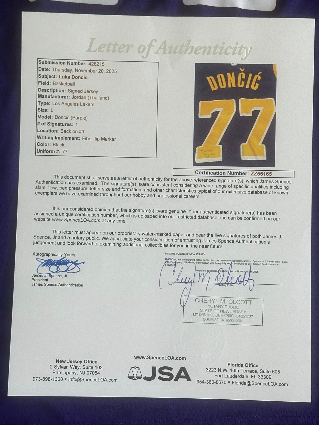 Luka Doncic Autographed Los Angeles Lakers Jersey JSA LOA-Right Off The Field
