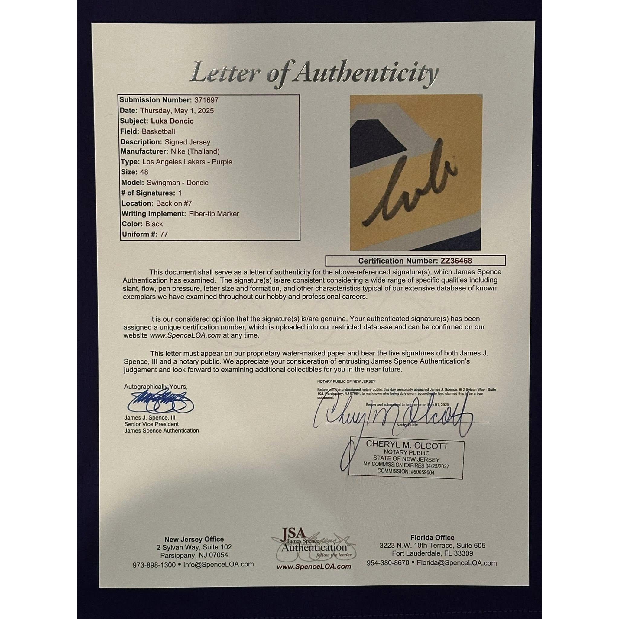Luka Doncic Autographed Los Angeles Lakers Jersey JSA LOA-Right Off The Field