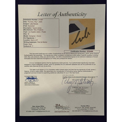 Luka Doncic Autographed Los Angeles Lakers Jersey JSA LOA-Right Off The Field