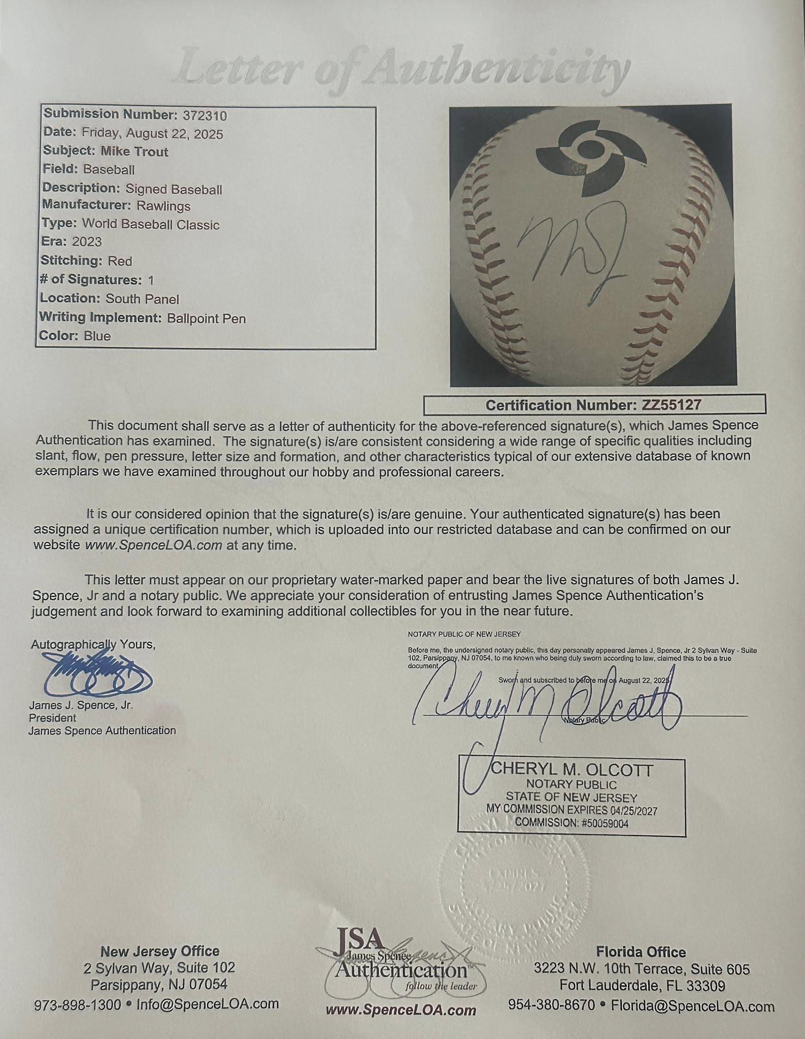 Mike Trout Autographed 2023 World Baseball Classic WBC Baseball JSA LOA Angels-Right Off The Field