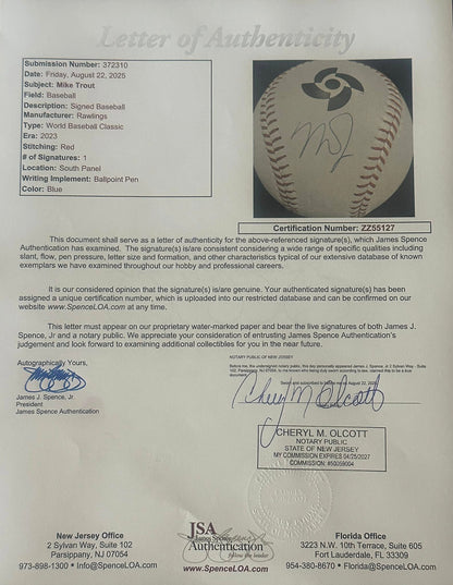 Mike Trout Autographed 2023 World Baseball Classic WBC Baseball JSA LOA Angels-Right Off The Field