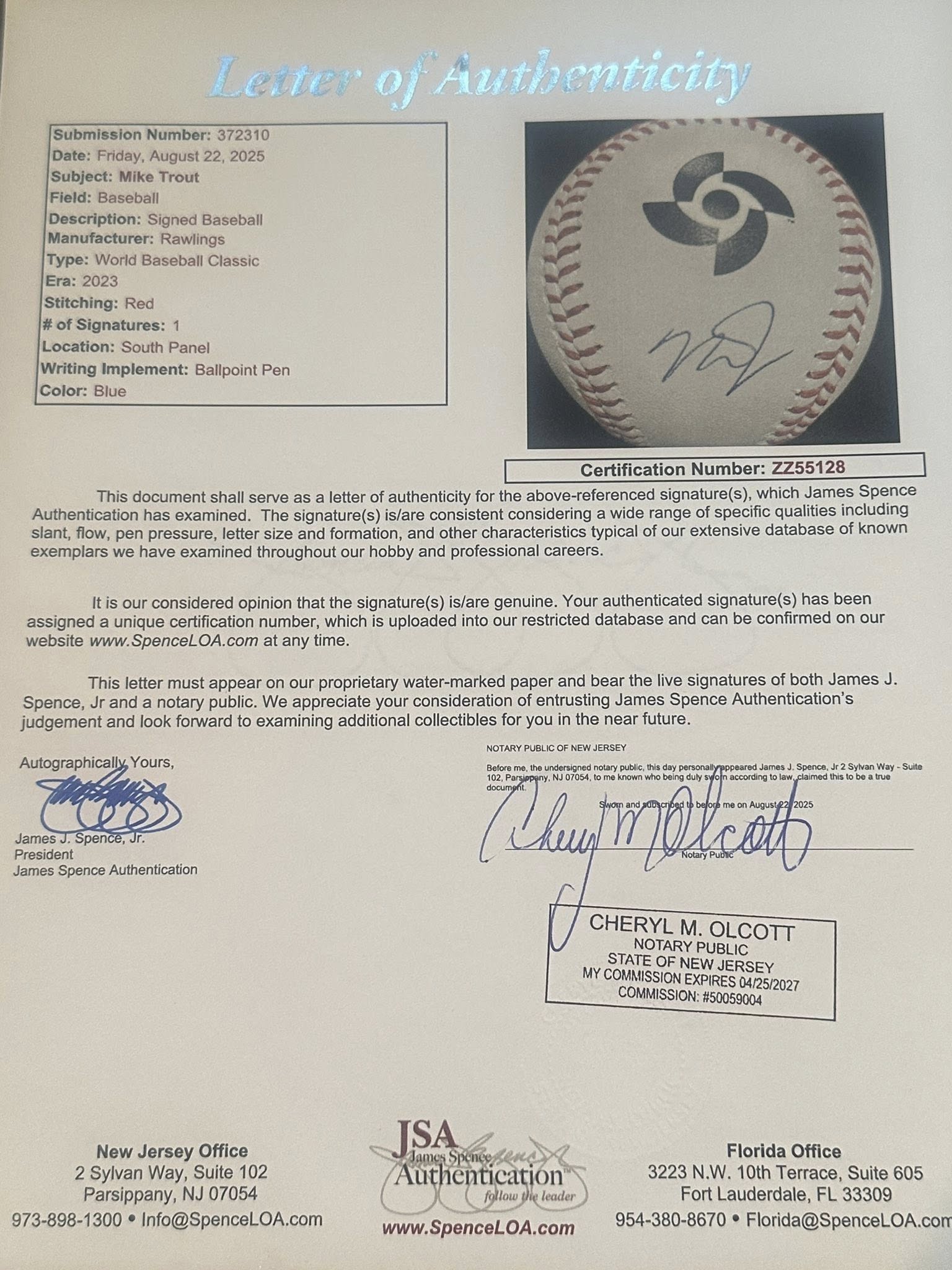 Mike Trout Autographed 2023 World Baseball Classic WBC Baseball JSA LOA Angels-Right Off The Field