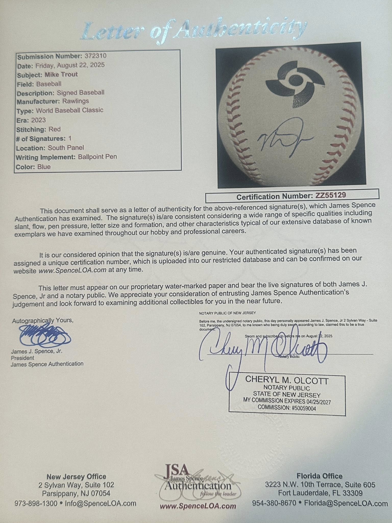 Mike Trout Autographed 2023 World Baseball Classic WBC Baseball JSA LOA Angels-Right Off The Field