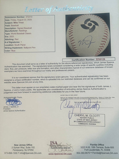 Mike Trout Autographed 2023 World Baseball Classic WBC Baseball JSA LOA Angels-Right Off The Field