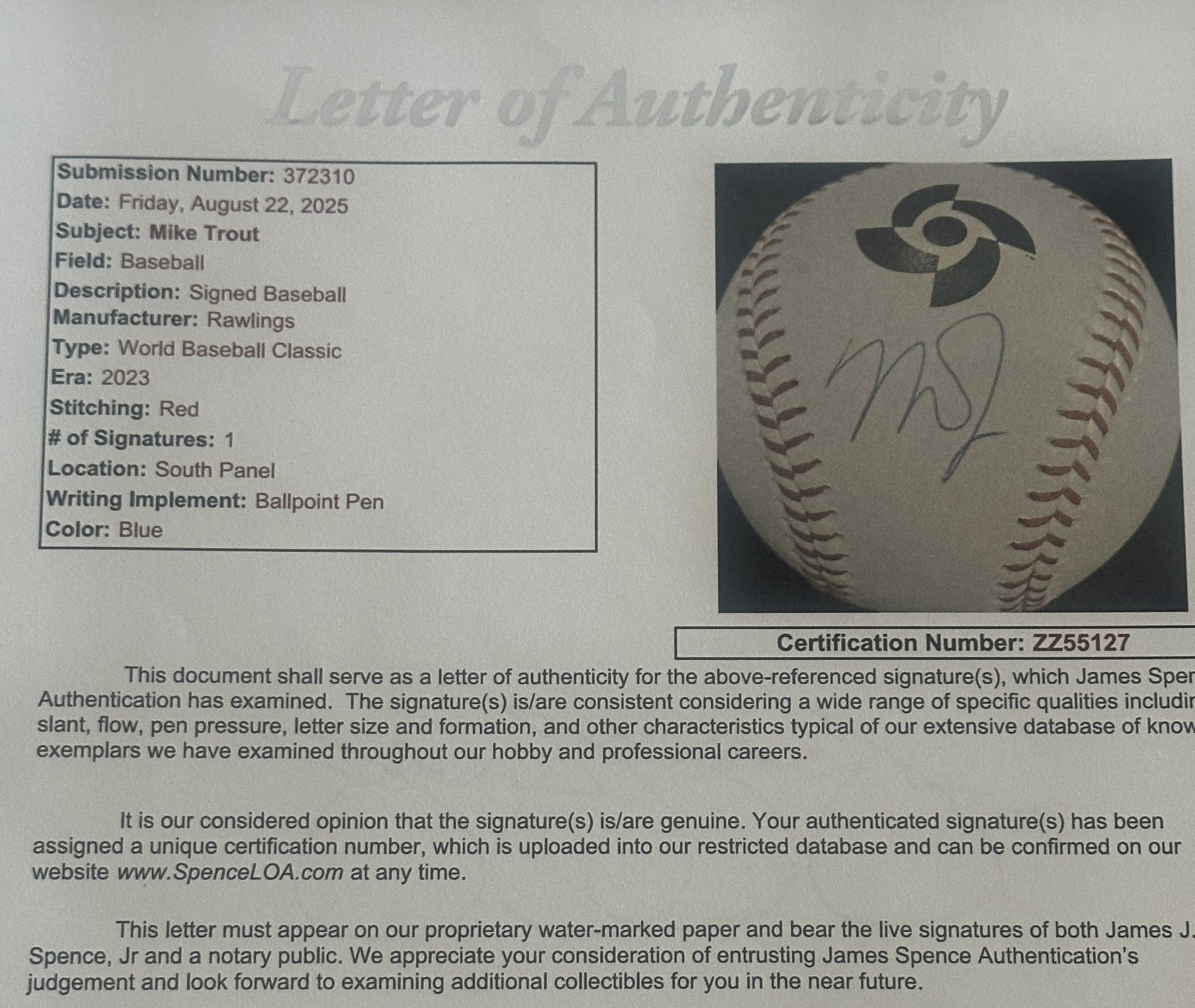 Mike Trout Autographed 2023 World Baseball Classic WBC Baseball JSA LOA Angels-Right Off The Field