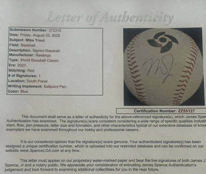Mike Trout Autographed 2023 World Baseball Classic WBC Baseball JSA LOA Angels-Right Off The Field