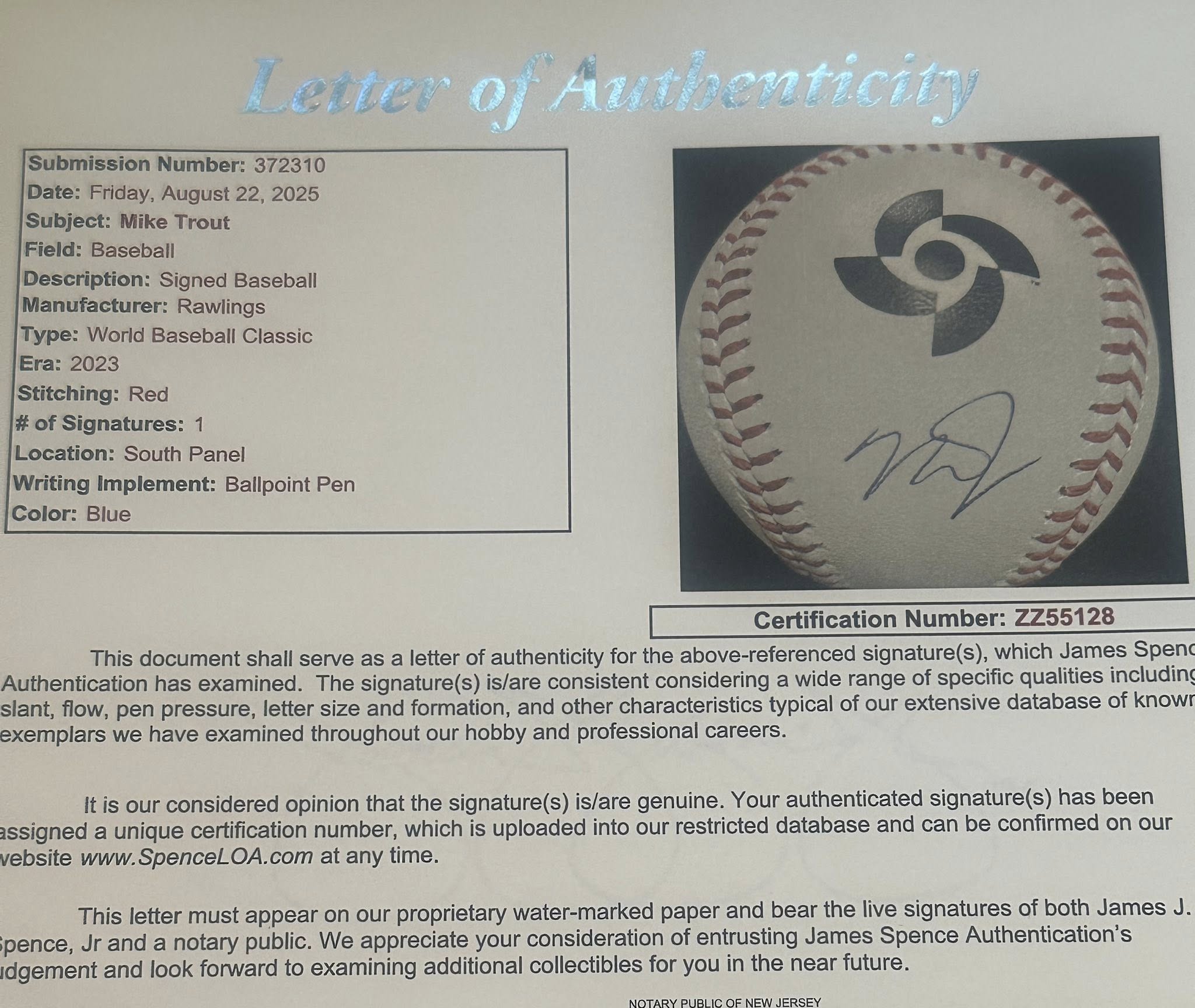 Mike Trout Autographed 2023 World Baseball Classic WBC Baseball JSA LOA Angels-Right Off The Field