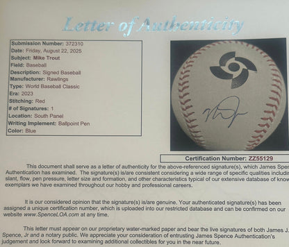 Mike Trout Autographed 2023 World Baseball Classic WBC Baseball JSA LOA Angels-Right Off The Field