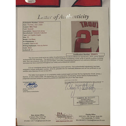 Mike Trout Autographed Los Angeles Angels Custom Jersey JSA LOA-Right Off The Field