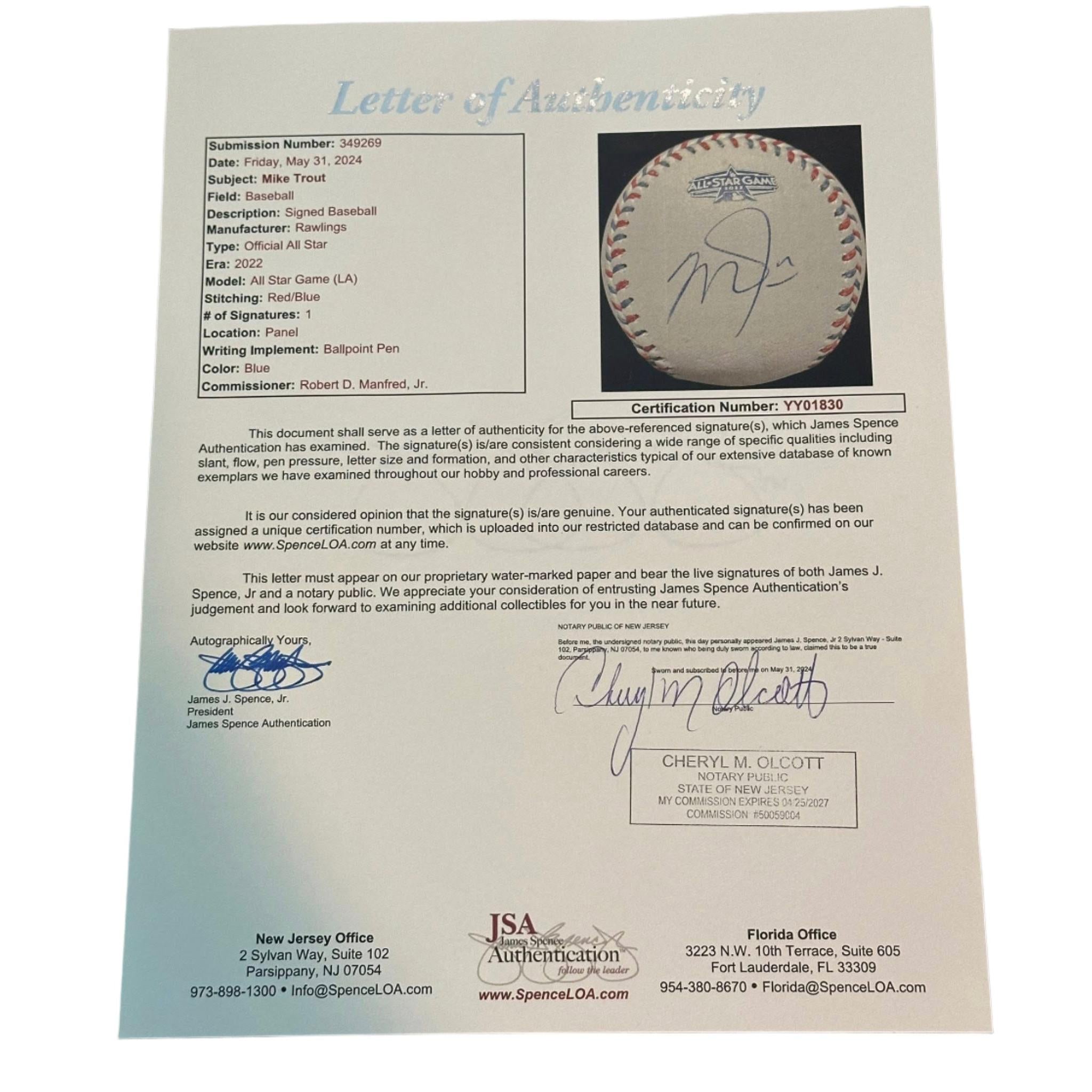 Mike Trout Los Angeles Angels Autographed 2022 All Star Game Baseball JSA LOA-Right Off The Field