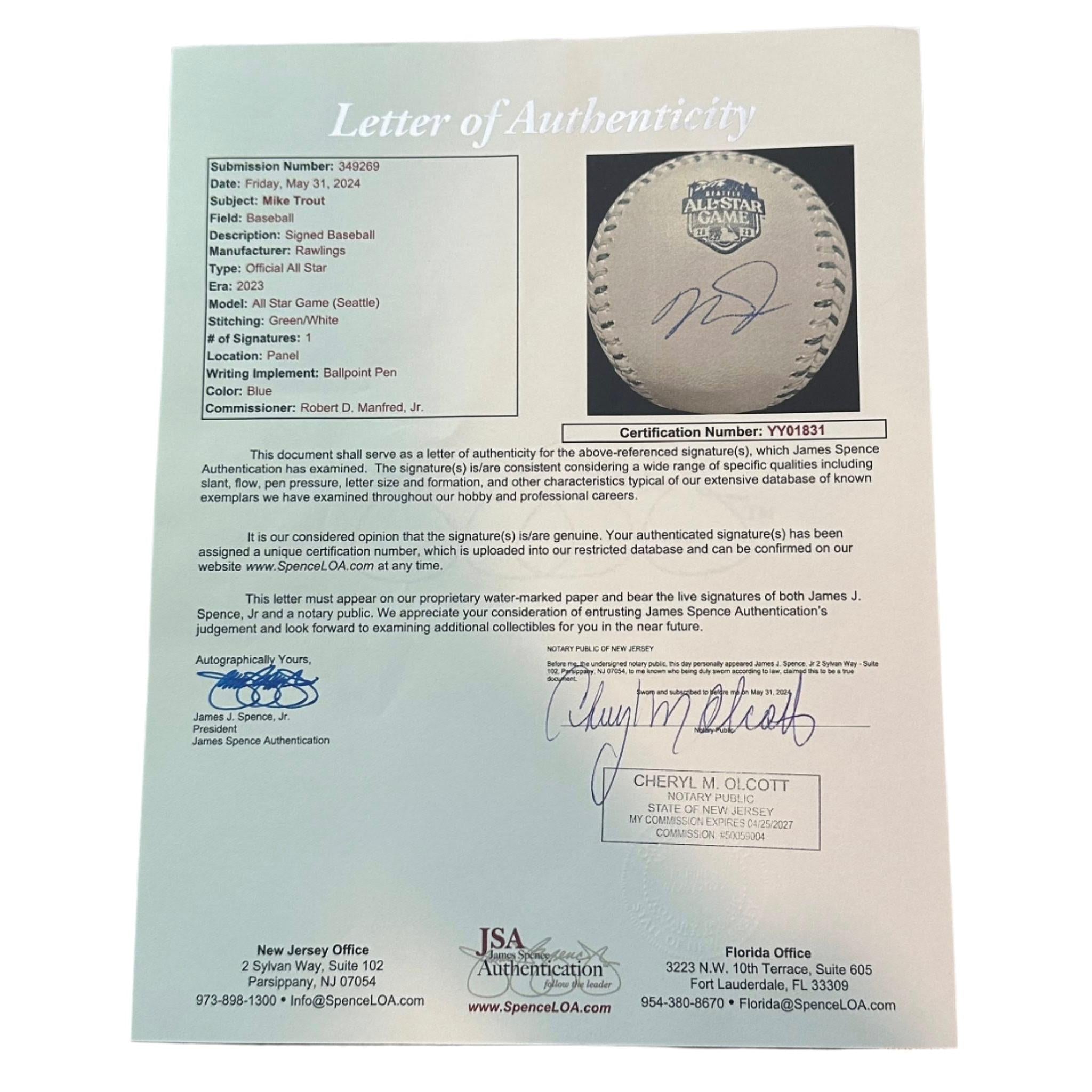 Mike Trout Los Angeles Angels Autographed 2023 All Star Game Baseball JSA LOA-Right Off The Field