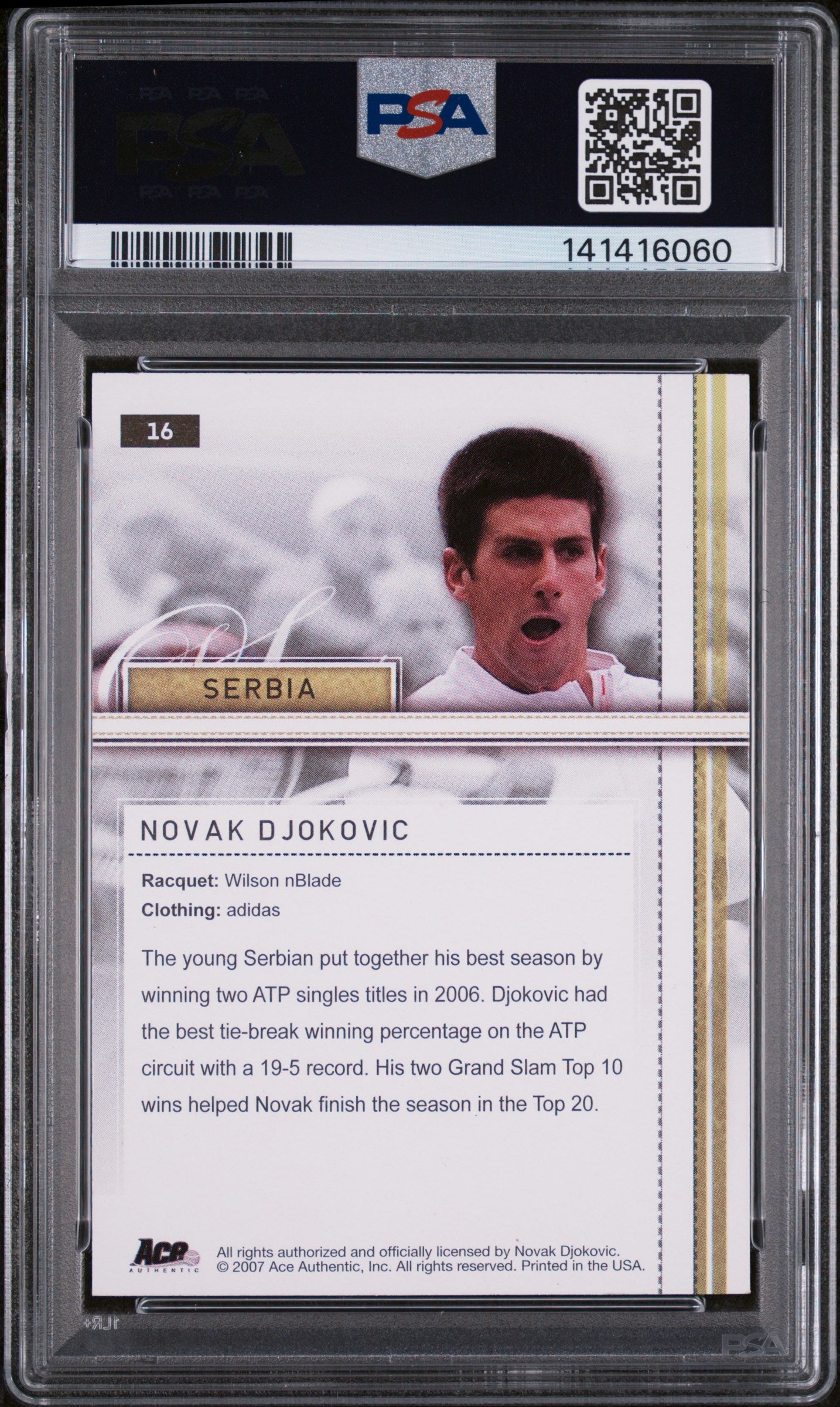 Novak Djokovic Autographed 2007 Ace Authentic Straight Sets #16 NM-MT 8-Right Off The Field