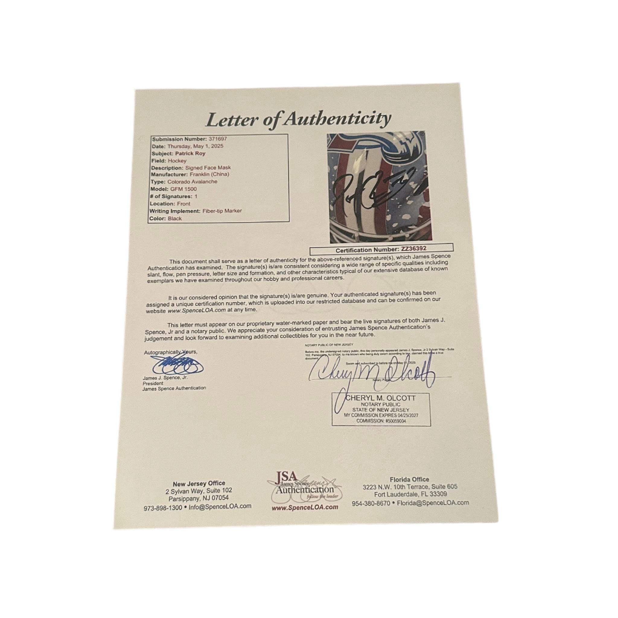 Patrick Roy Signed Colorado Avalanche Full Size Franklin Goalie Mask JSA LOA-Right Off The Field