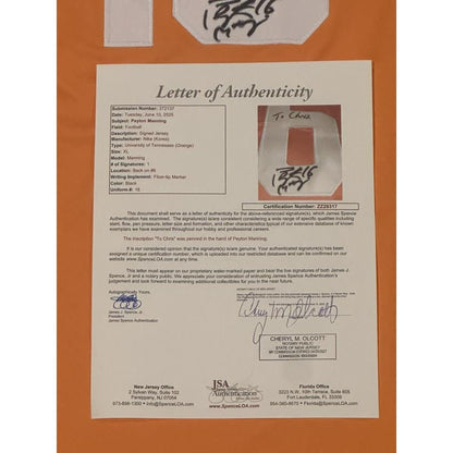 Peyton Manning Signed Tennessee Volunteers Jersey Personalized to Chris JSA LOA-Right Off The Field