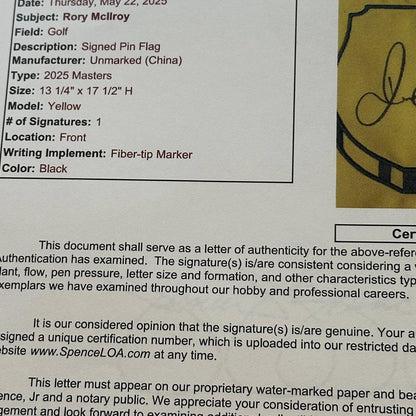 Rory McIlroy Autographed 2025 Masters Pin Flag JSA LOA Grand Slam Winner-Right Off The Field