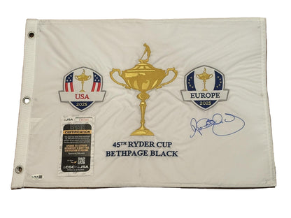 Rory McIlroy Autographed 2025 Ryder Cup Pin Flag Team Europe JSA COA-Right Off The Field