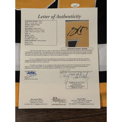 Sidney Crosby Autographed Pittsburgh Penguins Jersey JSA LOA-Right Off The Field