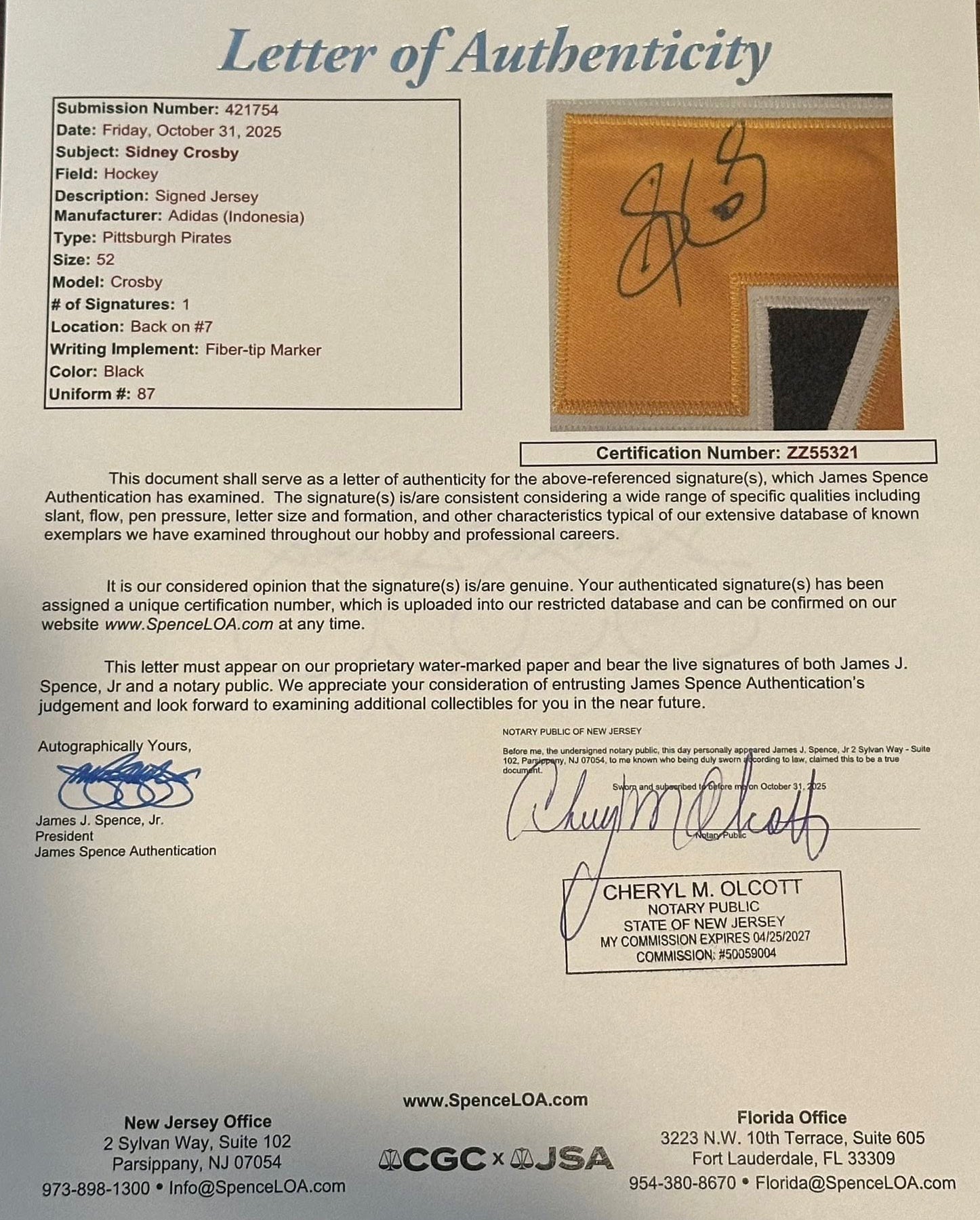 Sidney Crosby Signed Autographed Pittsburgh Penguins Jersey JSA LOA-Right Off The Field