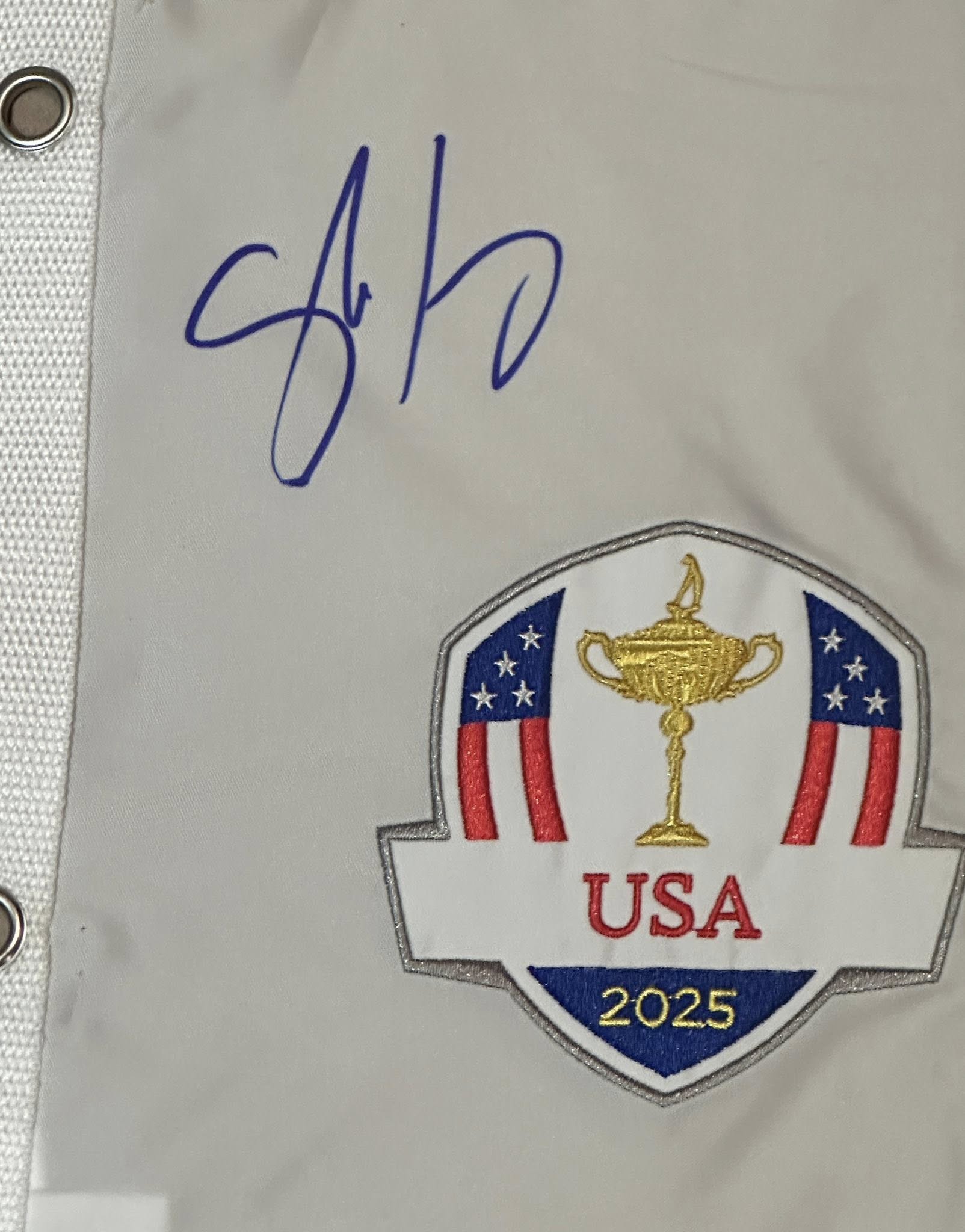 Team Europe Signed 2025 Ryder Cup Pin Flag All 12 Players JSA LOA Rory McIlroy-Right Off The Field