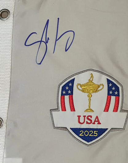 Team Europe Signed 2025 Ryder Cup Pin Flag All 12 Players JSA LOA Rory McIlroy-Right Off The Field